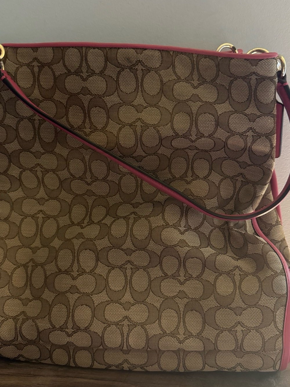Phoebe Coach Brown Signature Monogram Shoulder Bag with Pink Trim